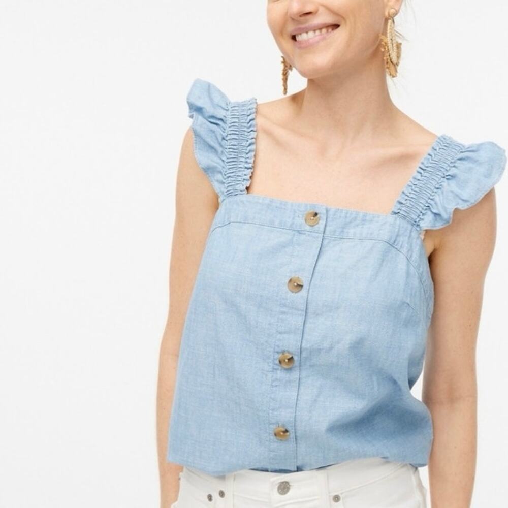 J.Crew Factory Chambray Button Front Ruffle Straps Tank Top Women’s Small Blue
